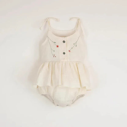 ノースリーブロンパース Beige / 0-6 Months 66cm ベビーロンパース キャミソールスカートボディスーツ フラワー花柄刺繍 3カラー【mh0005947】