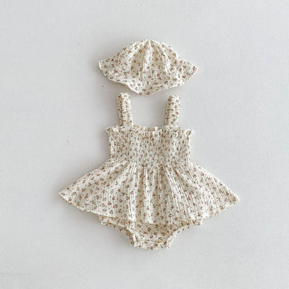 ノースリーブロンパース Beige / 0-6M 66cm ベビーロンパース 帽子セット キャミソールシャーリングスカートボディスーツ チューリップハット 2カラー【mh0006527】