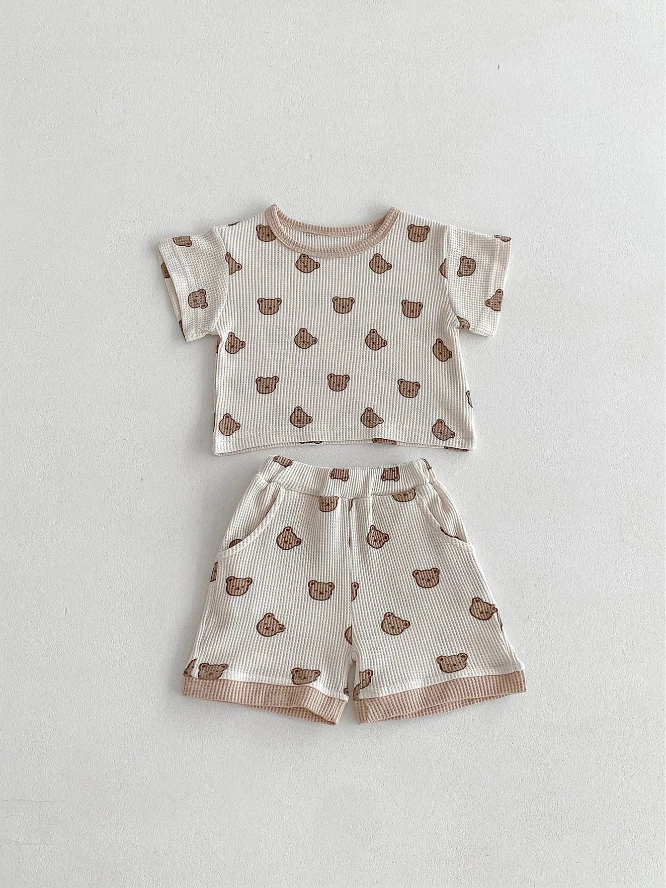 半袖セットアップ Beige / 0-6M 66cm ベビーセットアップ 2点セット ワッフル 半袖Tシャツ+ショートパンツ ベアくまプリント 2カラー【mh0006168】