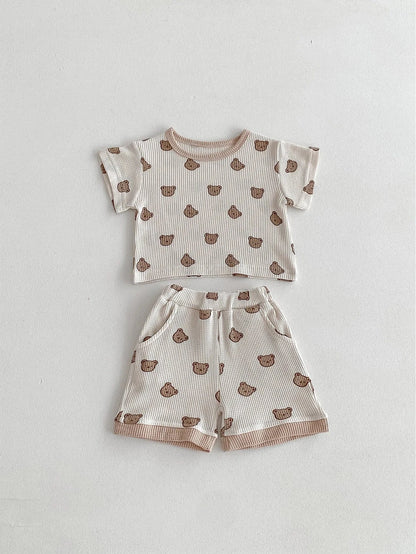 半袖セットアップ Beige / 0-6M 66cm ベビーセットアップ 2点セット ワッフル 半袖Tシャツ+ショートパンツ ベアくまプリント 2カラー【mh0006168】