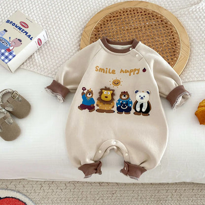 長袖ロンパース Beige / 0-6M 66cm ベビージャンプスーツ ベアくまプリントフリース長袖ロンパース【mh0007679】