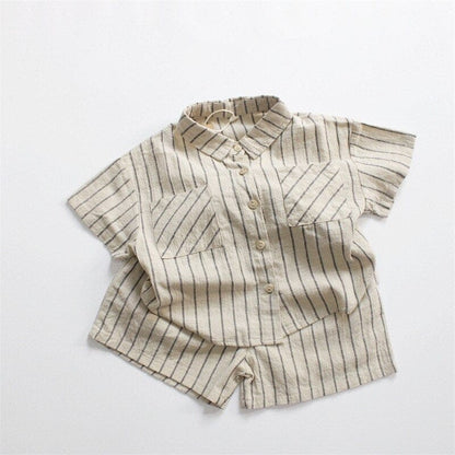 半袖セットアップ Beige / 12M/80cm キッズ ストライプ セットアップ 半袖 シャツ ブラウス ショートパンツ ベージュ ボーイズ