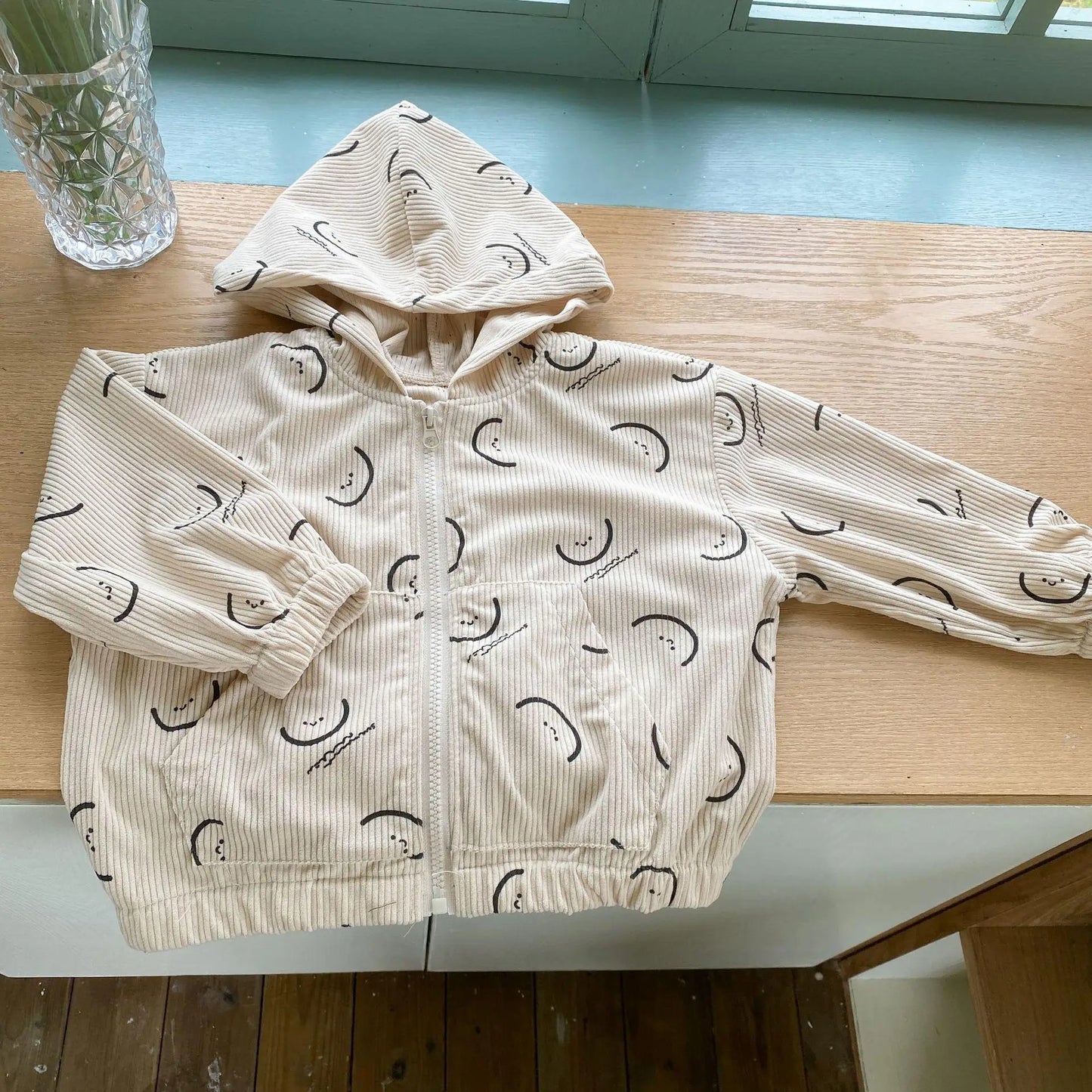 カーディガン・パーカー beige / 12M  80cm キッズトップス コーデュロイ フーディ フード付き パーカー スマイルプリント 2カラー