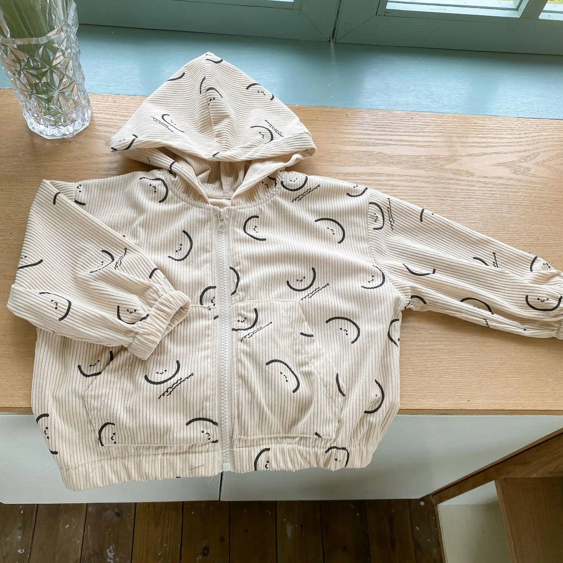 カーディガン・パーカー beige / 12M  80cm キッズトップス コーデュロイ フーディ フード付き パーカー スマイルプリント 2カラー
