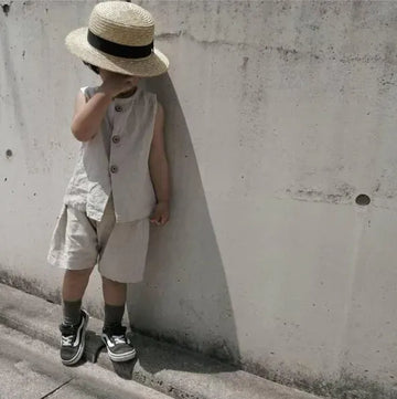 ノースリーブセットアップ beige / 12M 80cm キッズセットアップ 2点セット コットンリネン ノースリーブシャツ+ショートパンツ