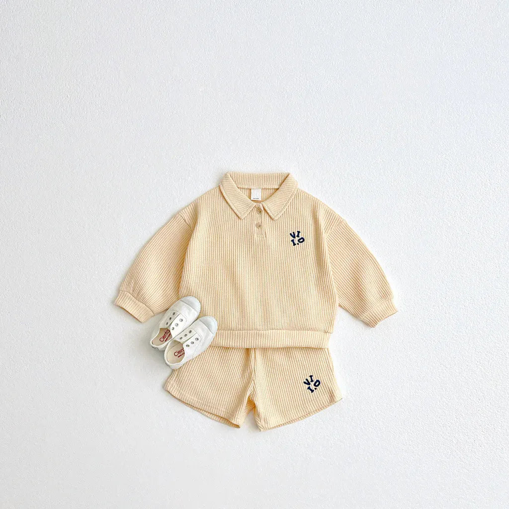長袖セットアップ Beige / 12M  80CM キッズセットアップ 2点セット 長袖ポロシャツ+ショートパンツ レターロゴ刺繍 3カラー【mh0004676】