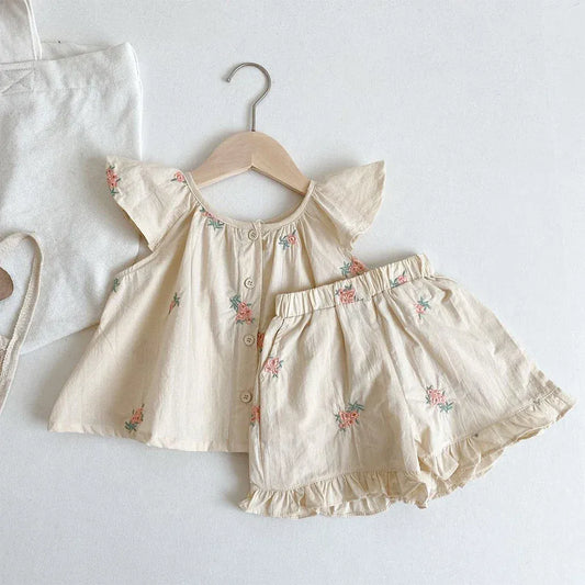 半袖セットアップ Beige / 12M 80cm キッズセットアップ 2点セット キャップスリーブチュニックブラウス+フリルショートパンツ フラワー花柄刺繍【mh0006090】