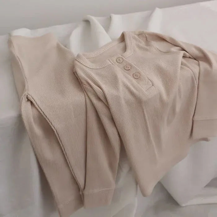 長袖パジャマ beige / 12M  80cm キッズセットアップ 2点セット 長袖Tシャツ+ロングパンツ シンプルベーシック ルームウェア パジャマ