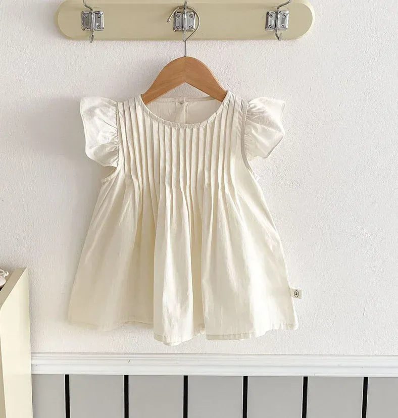 半袖ワンピース Beige / 12M 80cm キッズワンピース フリルスリーブ ピンタック サマードレス 3カラー【mh0005895】