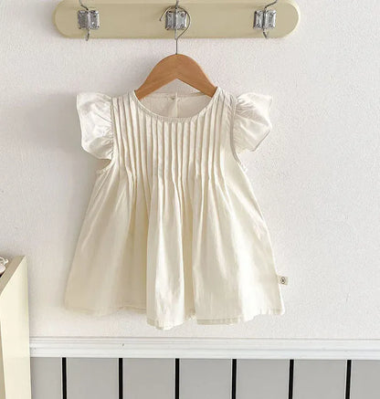 半袖ワンピース Beige / 12M 80cm キッズワンピース フリルスリーブ ピンタック サマードレス 3カラー【mh0005895】