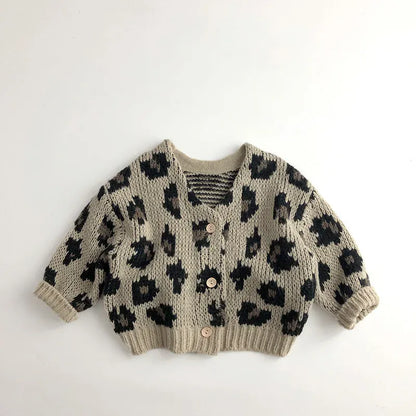 カーディガン・パーカー beige / 12m 80cm / 取り寄せ（7〜21日） キッズカーディガン ニット ざっくりジャケット レオパード 2カラー