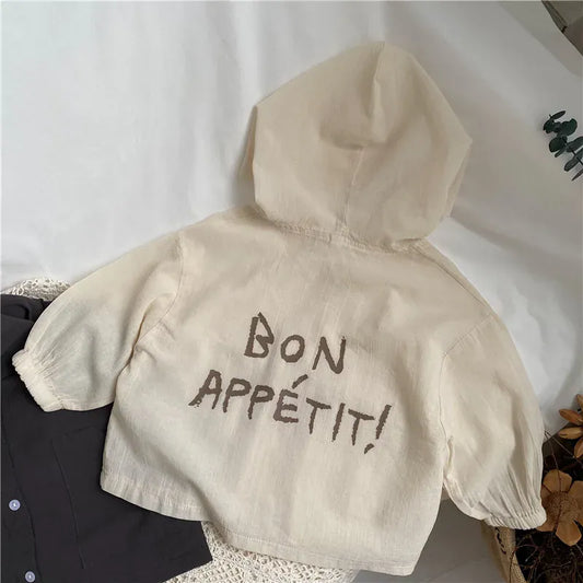 ショートコート・ジャケット・ジャンパー beige / 12M  80cm / 取り寄せ（7〜21日） キッズアウター サマーフーディジャケット カーディガン 日除け 冷房対策 バックロゴプリント 3カラー