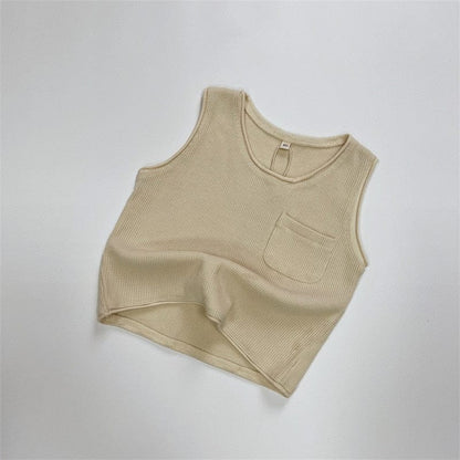 タンクトップ・キャミソール・ノースリーブトップス Beige / 12M/80cm キッズ ワッフル ポケット タンクトップ ノースリーブ Tシャツ ベージュ コーヒーブラウン ボーイズ【mh0002232】