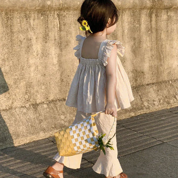 ノースリーブセットアップ Beige 2pc set / 5 90 for 1-2y キッズセットアップ 2点セット キャミソールチュニックブラウス+フリルフレアパンツ フラワー刺繍 ベージュ