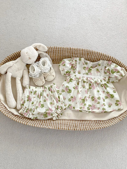 半袖セットアップ beige 2pc set / 73cm 6-9M ベビーロンパース/セットアップ 2点セット 半袖ボディスーツ/半袖ブラウス+ブルマパンツ フラワー花柄プリント 2カラー【mh0004870】