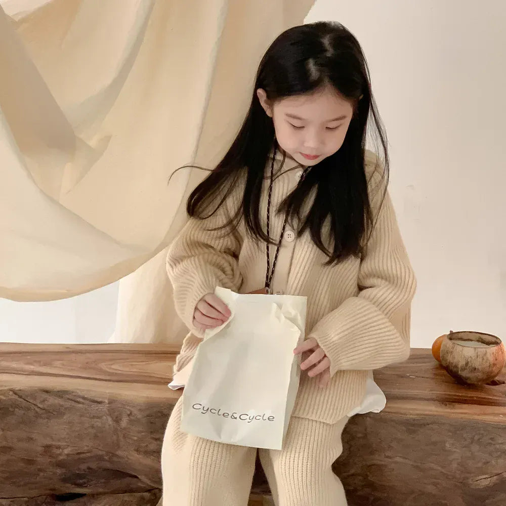 長袖セットアップ beige 2pc set / 90cm / 取り寄せ（10〜35日） キッズセットアップ 2点セット ニットフーディカーディガンジャケット ルーズフレアパンツ