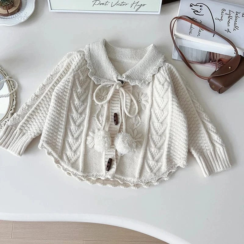 カーディガン・パーカー Beige / 2T 90cm キッズカーディガン ぽんぽんリボン襟付きニットケープジャケット 2カラー【mh0006937】