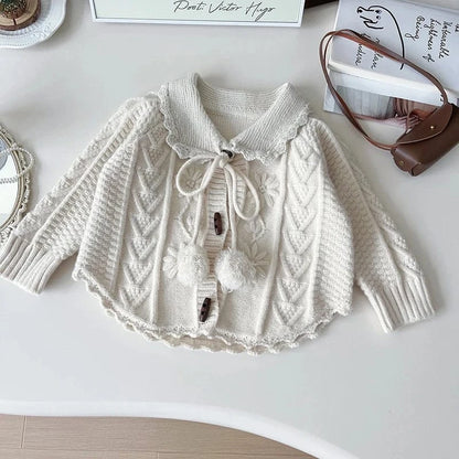 カーディガン・パーカー Beige / 2T 90cm キッズカーディガン ぽんぽんリボン襟付きニットケープジャケット 2カラー【mh0006937】