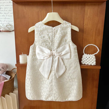ノースリーブワンピース Beige / 2T 90cm キッズワンピース ノースリーブハートプリント ドレスワンピース バックリボン パーティ お出かけ ベージュ【mh0006046】