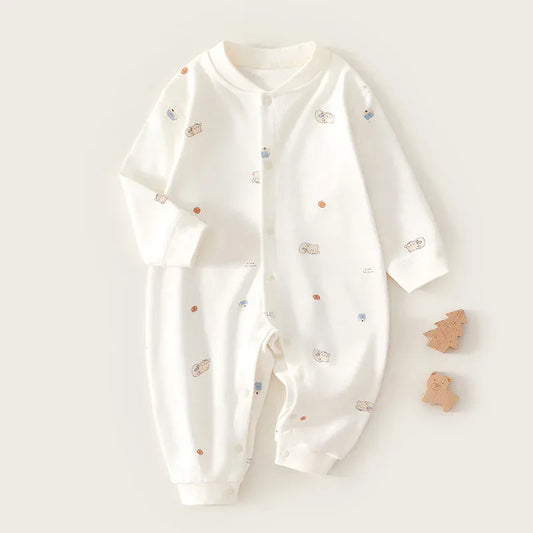 長袖ロンパース Beige / 3-6M 66cm ベビーロンパース 長袖ジャンプスーツ ベアくまプリント ポケット ベージュ コーヒー 2カラー【mh0003731】