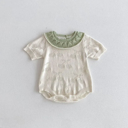 半袖ロンパース Beige / 3-6M 66cm ベビーロンパース ニット 半袖ボディスーツ フリル襟 チェリー 2カラー【mh0006550】