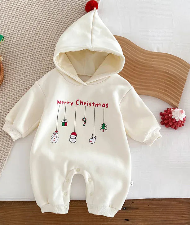 長袖ロンパース Beige / 3-6M 66cm キッズジャンプスーツ クリスマスプリントフーディ長袖ロンパース 2カラー【mh0007681】