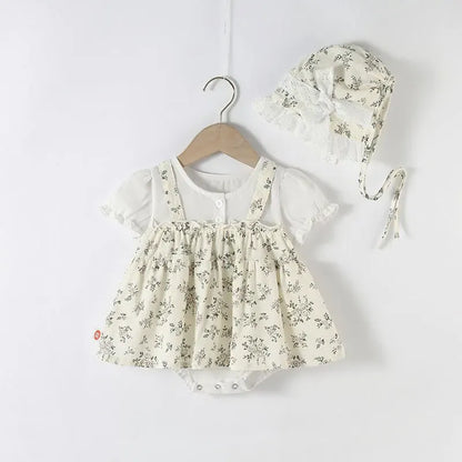 半袖ロンパース Beige / 3-6M 66cm ベビーロンパース 帽子セット 半袖ドッキングスカートボディスーツ フラワー花柄プリント レースフリルボンネットセット【mh0005868】