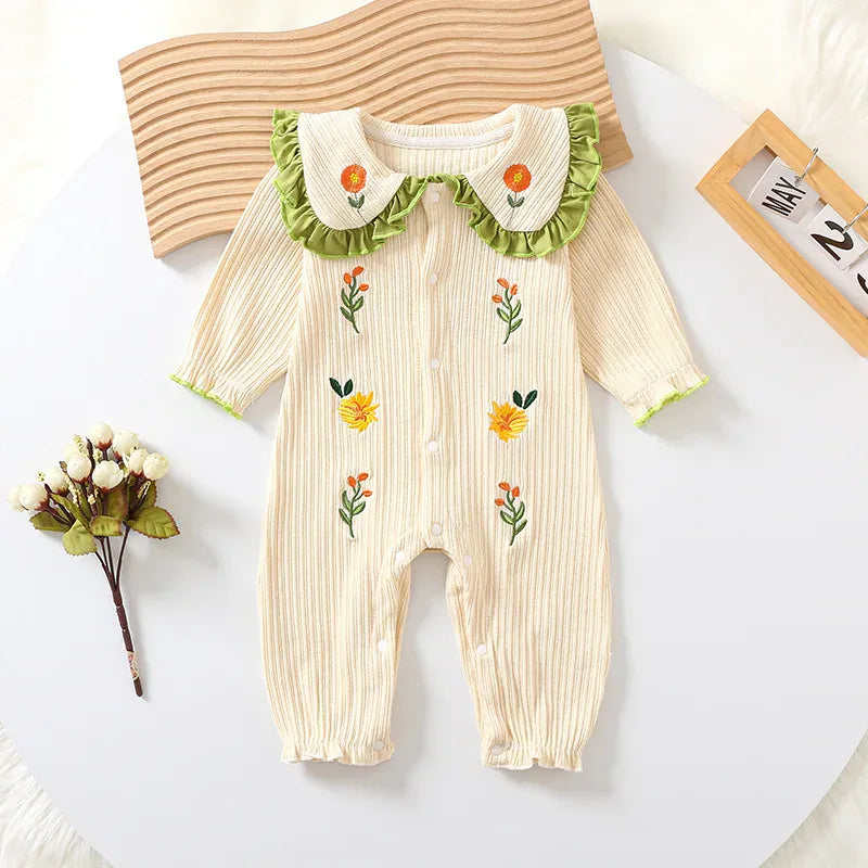 長袖ロンパース Beige / 3-6M 66cm ベビーロンパース フラワー刺繍フリル襟長袖ジャンプスーツ【mh0007750】