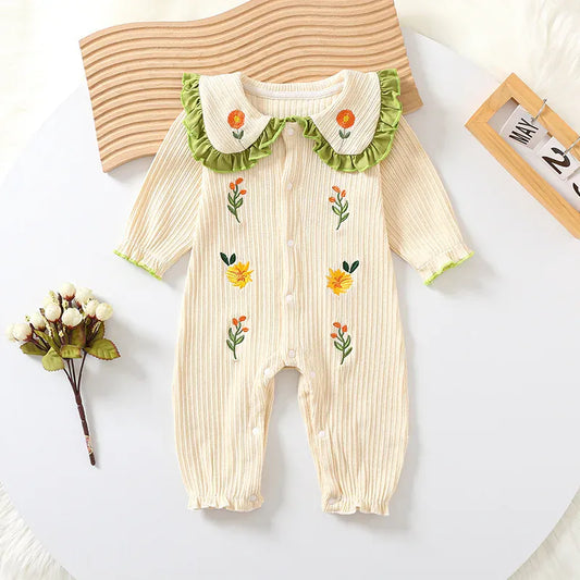 長袖ロンパース Beige / 3-6M 66cm ベビーロンパース フラワー刺繍フリル襟長袖ジャンプスーツ【mh0007750】