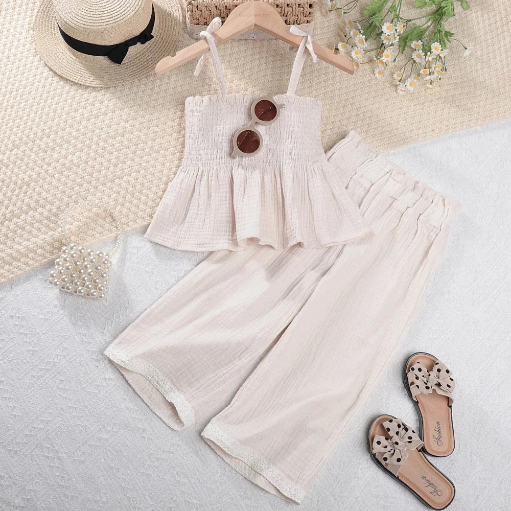 ノースリーブセットアップ Beige / 3T 90cm キッズセットアップ 2点セット キャミソールトップス+ワイドルーズパンツ 2カラー【mh0005728】