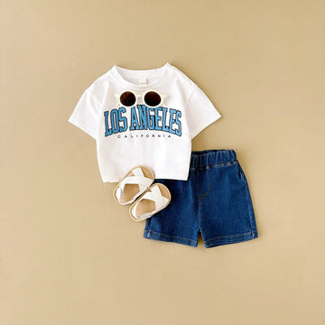 半袖セットアップ Beige / 6-9M 66cm ☺︎ ベビーセットアップ 2点セット 半袖Tシャツ+デニムショートパンツ レターロゴプリント