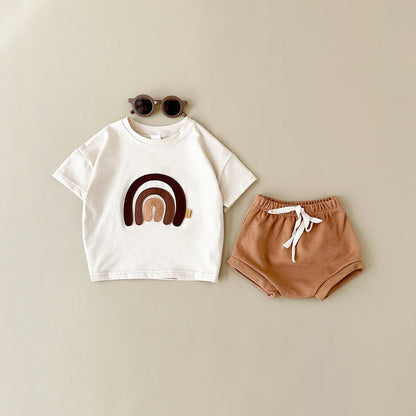 半袖セットアップ Beige / 6-9M 66cm ベビーセットアップ 2点セット 半袖Tシャツ+ブルマパンツ レイボー虹刺繍【mh0005635】