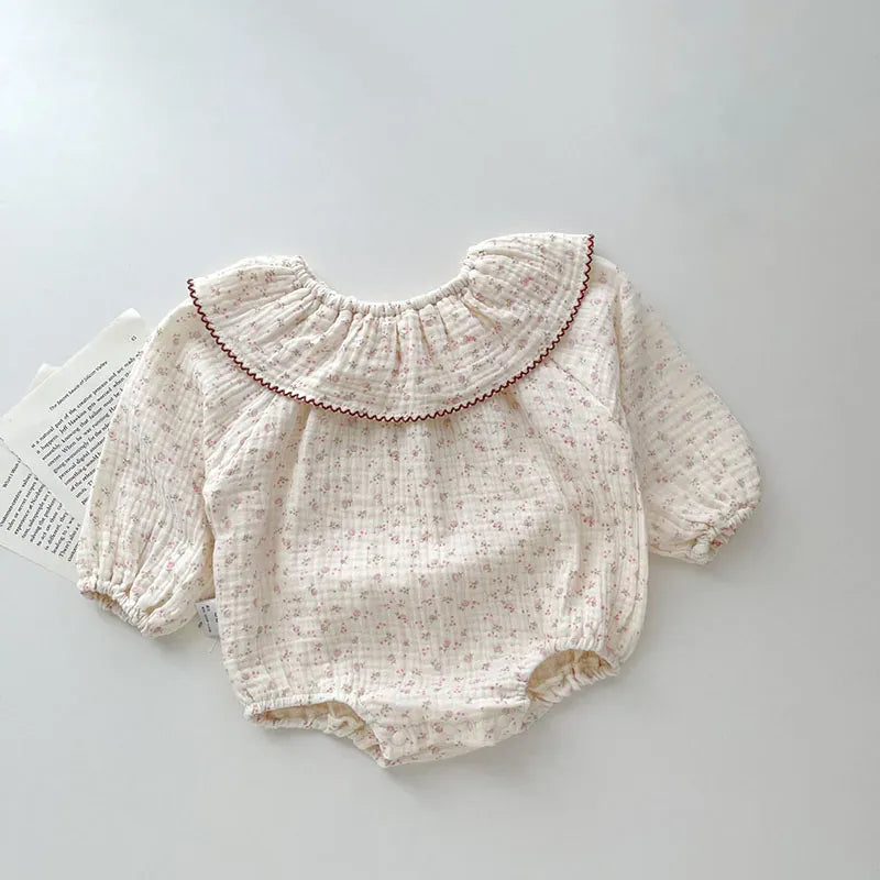 長袖ロンパース beige / 66cm ベビーロンパース 長袖ボディスーツ フラワー小花柄プリント