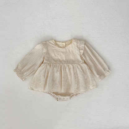 長袖ロンパース beige / 66cm ベビーロンパース 長袖スカートロンパース ショルダーフリル ベージュ