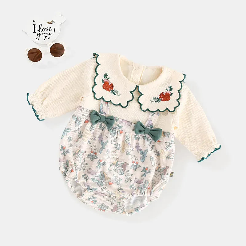 長袖ロンパース beige / 66cm ベビーロンパース 長袖ボディスーツ リボン 刺繍 ドッキング