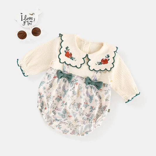 長袖ロンパース beige / 66cm ベビーロンパース 長袖ボディスーツ リボン 刺繍 ドッキング