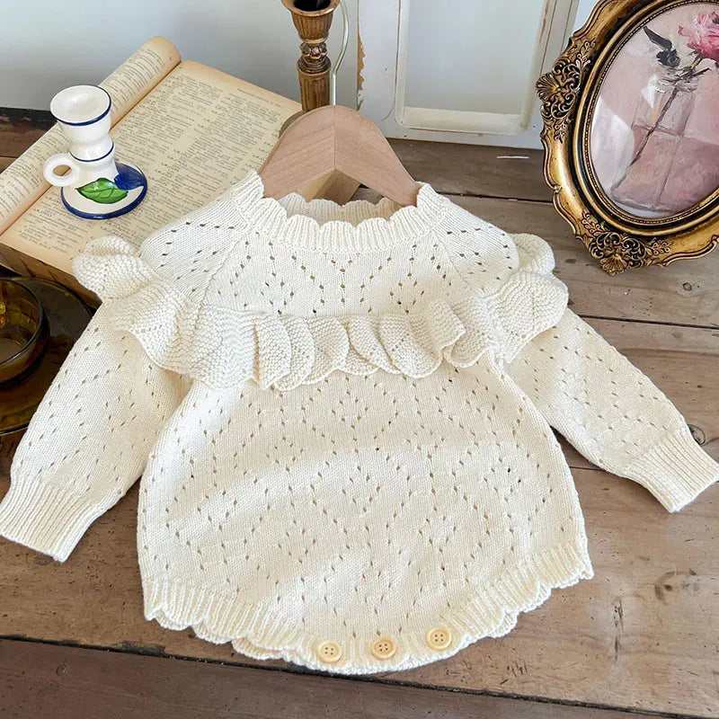 長袖ロンパース beige / 66cm ベビー長袖ロンパース レースニットボディスーツ ボリュームフリル