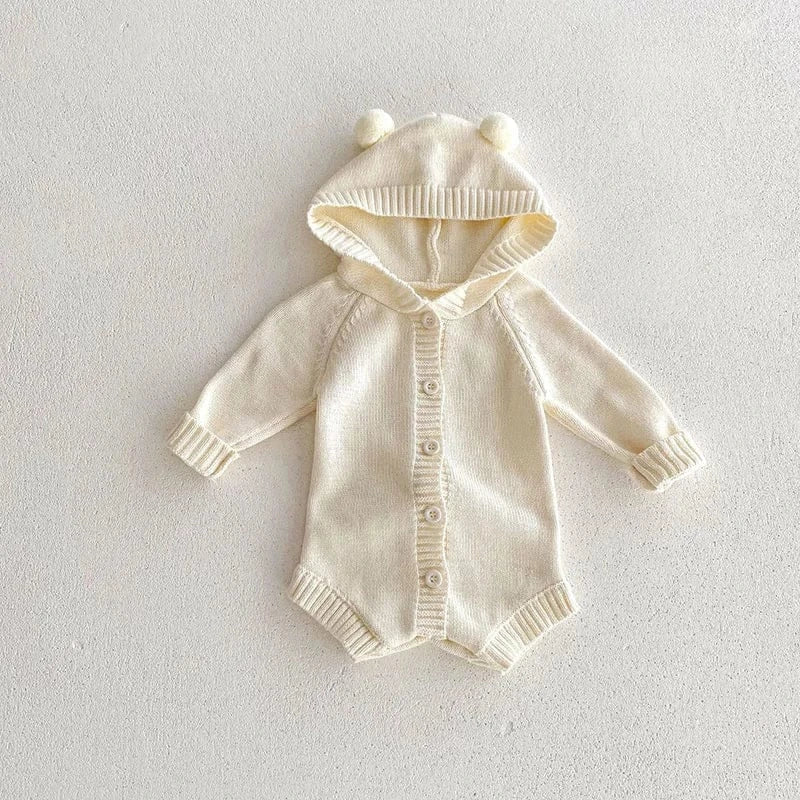 長袖ロンパース beige / 66cm ベビー長袖ロンパース ニットクマ耳フーディボディスーツ ベージュ コーヒー ユニセックス 男の子 女の子 子供服