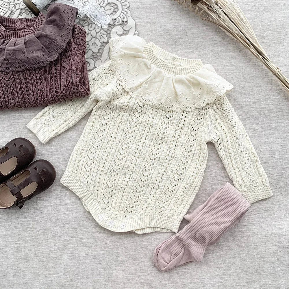 長袖ロンパース beige / 66cm ベビー長袖ロンパース フリルカラー レースニットボディスーツ ベージュ パープル ガールズ 女の子 子供服