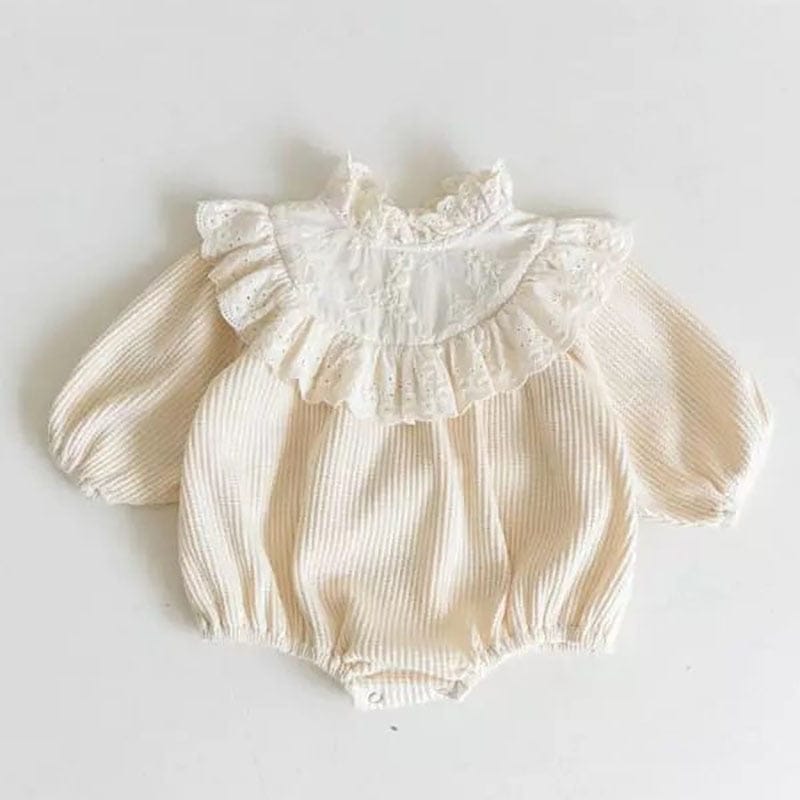 長袖ロンパース beige / 66cm ☺︎ ベビー レース フリル スタンドカラー 長袖 ロンパース コーヒー ベージュ ガールズ