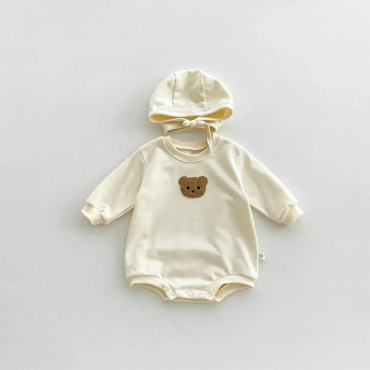 長袖ロンパース beige / 66cm 0-6m ☺︎ ベビーロンパース 長袖ボディスーツ 帽子セット ボーダー 無地 ベアくまワッペン ボンネットセット