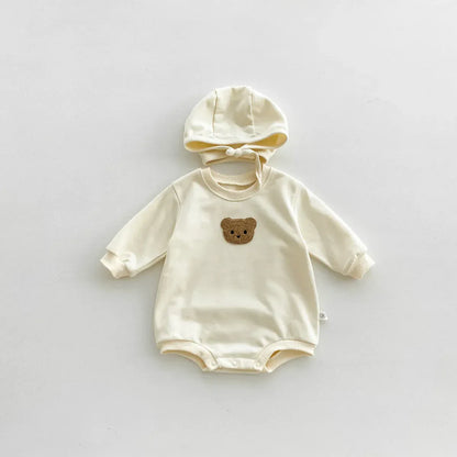 長袖ロンパース beige / 66cm 0-6m ☺︎ ベビーロンパース 長袖ボディスーツ 帽子セット ボーダー 無地 ベアくまワッペン ボンネットセット
