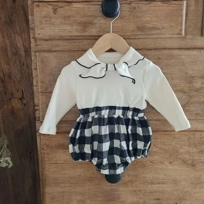 長袖ロンパース Beige / 66cm 0-6m ベビーロンパース リボン襟ドッキング長袖ボディスーツ チェック/水玉【mh0007086】