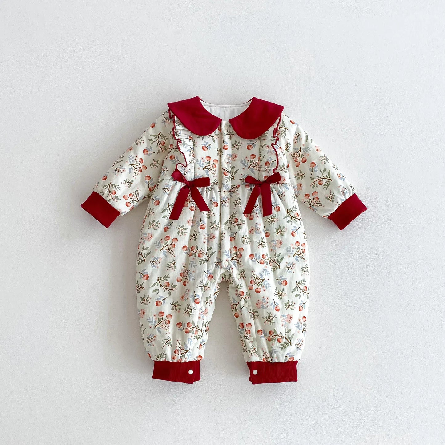 アウタージャンプスーツ Beige / 66cm 0-6m ベビーアウタージャンプスーツ チェリーさくらんぼプリントリボン襟付き長袖厚手ロンパース【mh0007613】