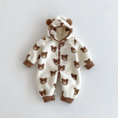 アウタージャンプスーツ Beige / 66cm 0-6m ベビーアウタージャンプスーツ ベアくまボアフリース耳付きフーディ長袖ロンパース【mh0007615】