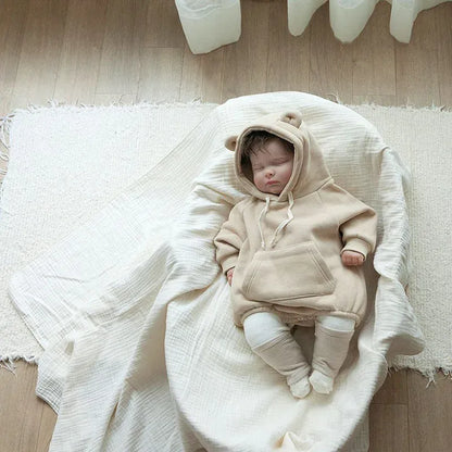 長袖ロンパース Beige / 66cm 0-6m ベビーロンパース くま耳フーディフリースポケット付き長袖ボディスーツ【mh0007627】