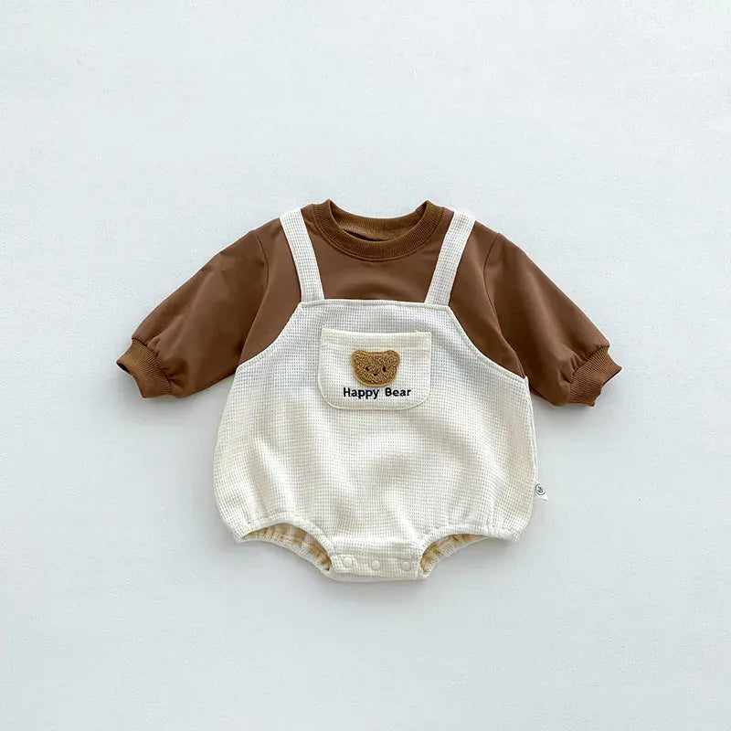 長袖ロンパース beige / 66cm ベビーロンパース ワッフル 長袖ドッキングボディスーツ ベアくまワッペン 2カラー