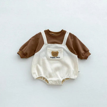 長袖ロンパース beige / 66cm ベビーロンパース ワッフル 長袖ドッキングボディスーツ ベアくまワッペン 2カラー