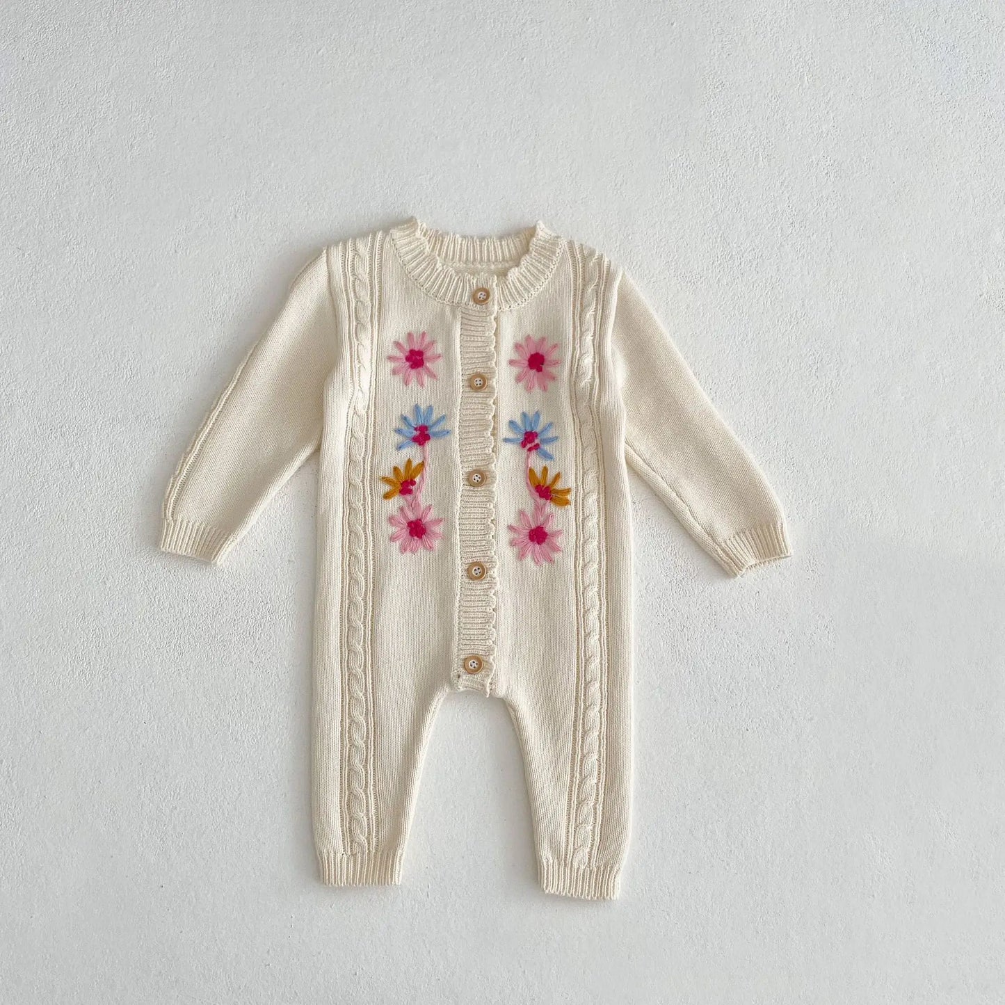 長袖ロンパース beige / 66cm ベビージャンプスーツ ニット長袖ロンパース フラワー花柄刺繍 ベージュ/ブルーグレー/2カラー