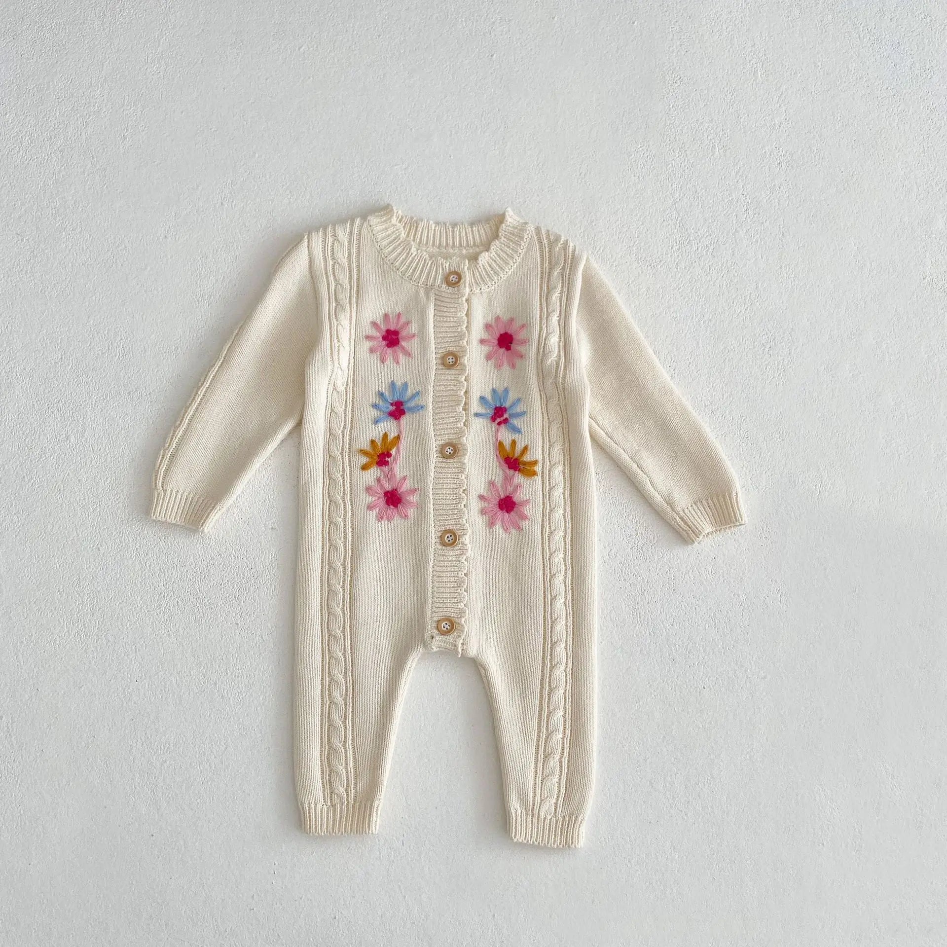 長袖ロンパース beige / 66cm ベビージャンプスーツ ニット長袖ロンパース フラワー花柄刺繍 ベージュ/ブルーグレー/2カラー